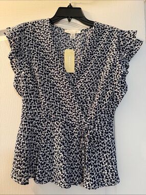 Monteau Navy Floral Wrap Blouse with Flutter Sleeves